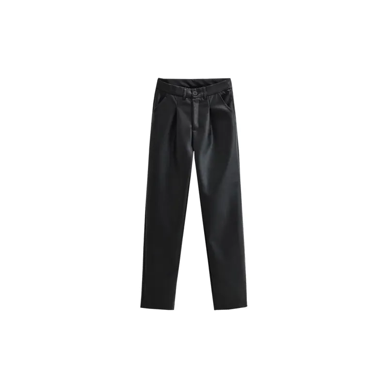 Mariah Solid Color Black Faux Leather Straight Leg High Waist Pants