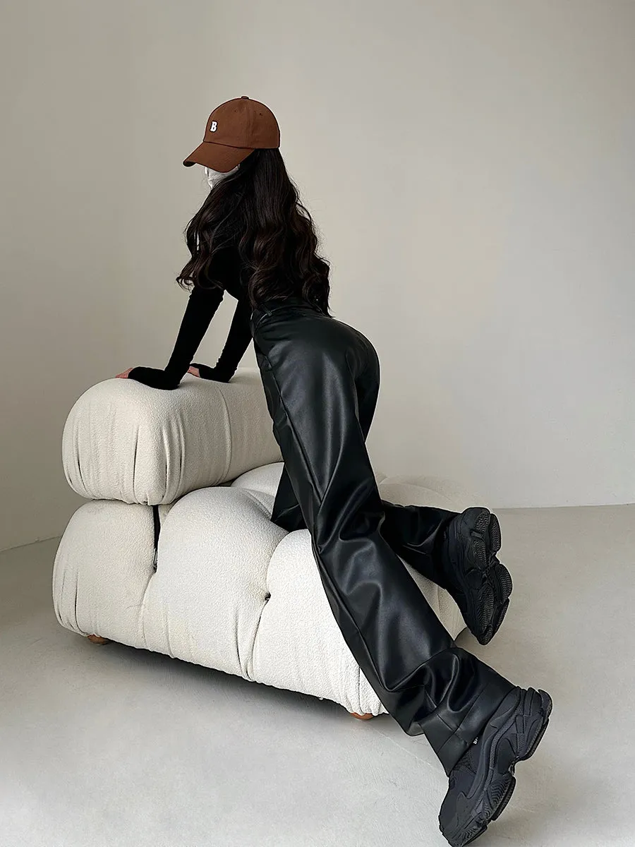 Mariah Solid Color Black Faux Leather Straight Leg High Waist Pants