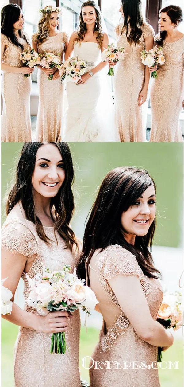 Mermaid Round Neck Rose Gold Sequined Bridesmaid Dresses with Beaded, TYP1772