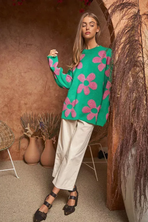METALLIC FLORAL PATTERN PULLOVER SWEATER TOP