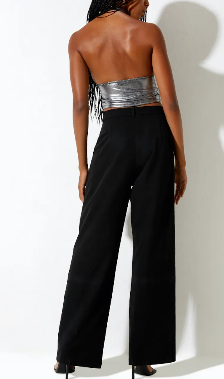Metallic Halter Ruch Tie Crop Top