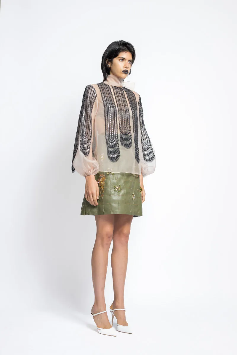 Metallic Nailhead Lace Applique Organza Blouse With Bow