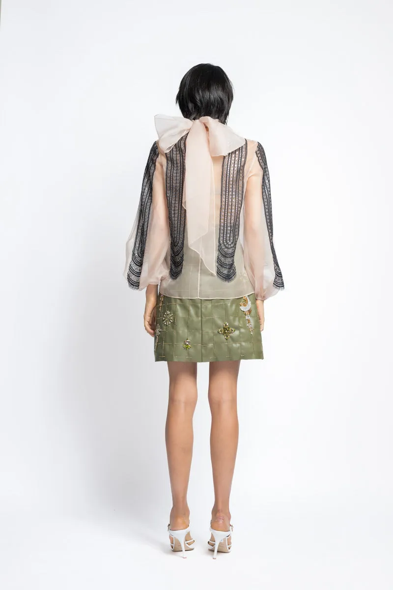 Metallic Nailhead Lace Applique Organza Blouse With Bow