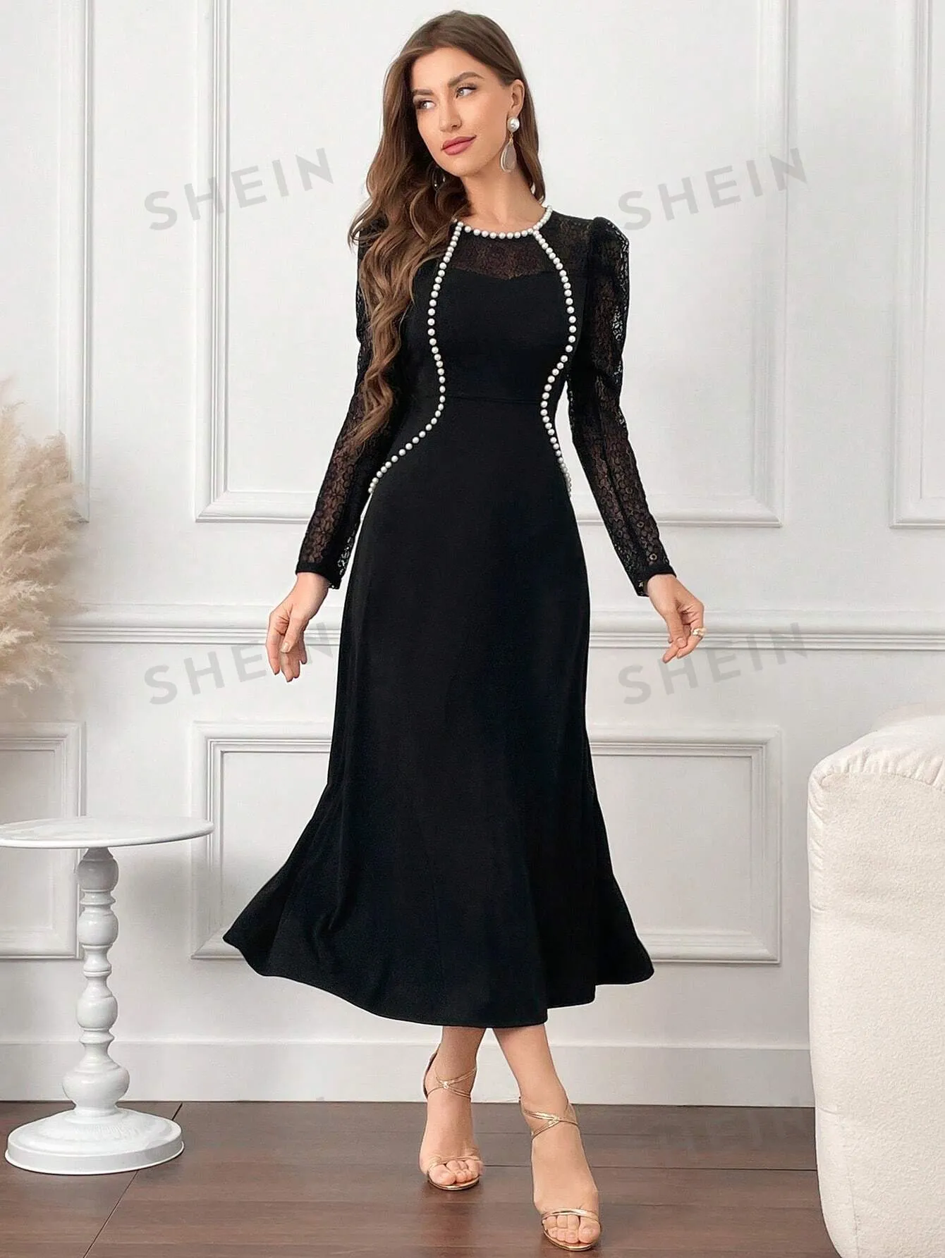 Modely Women Elegant Lace Patchwork Beaded Decor Fishtail Dress, Autumn