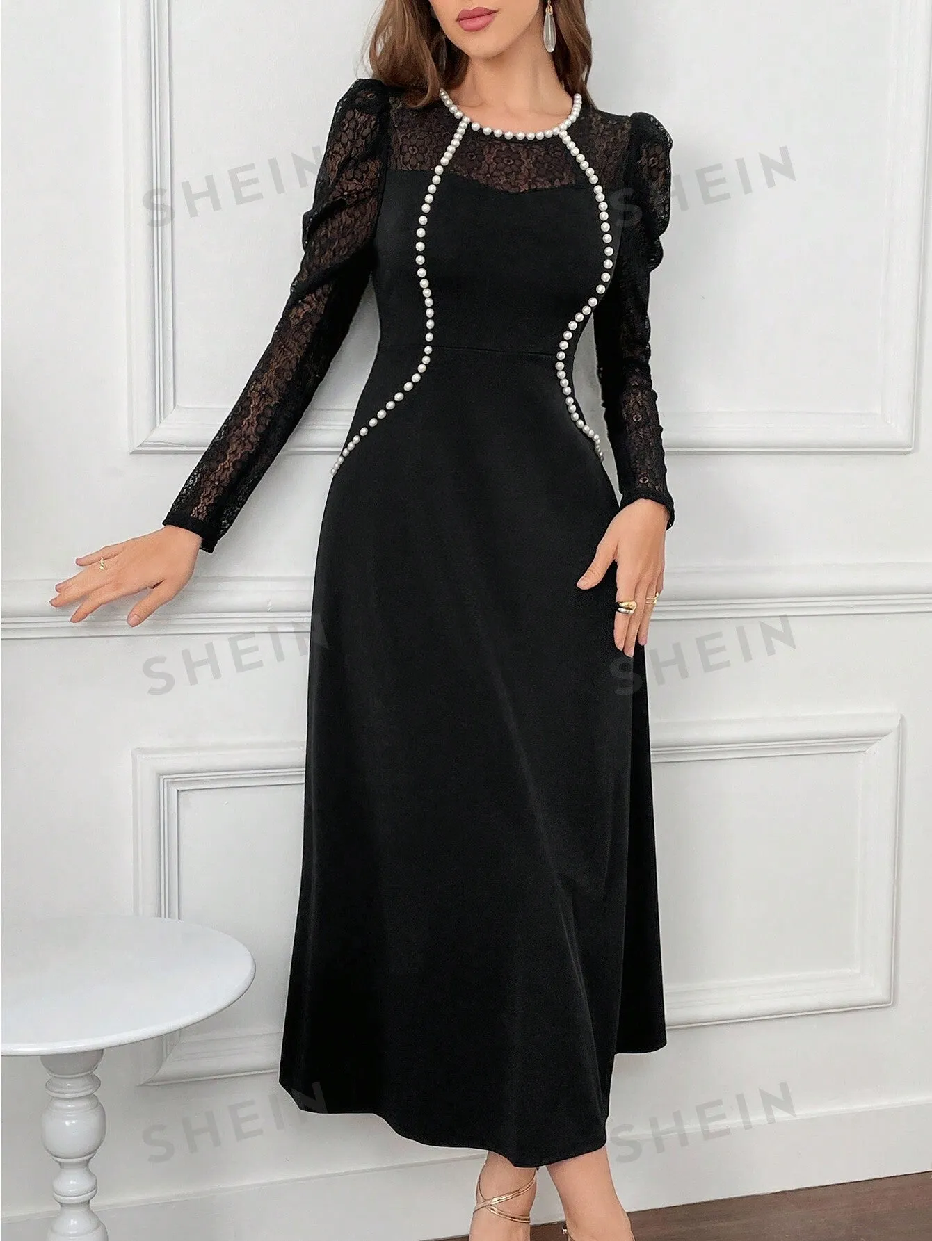 Modely Women Elegant Lace Patchwork Beaded Decor Fishtail Dress, Autumn