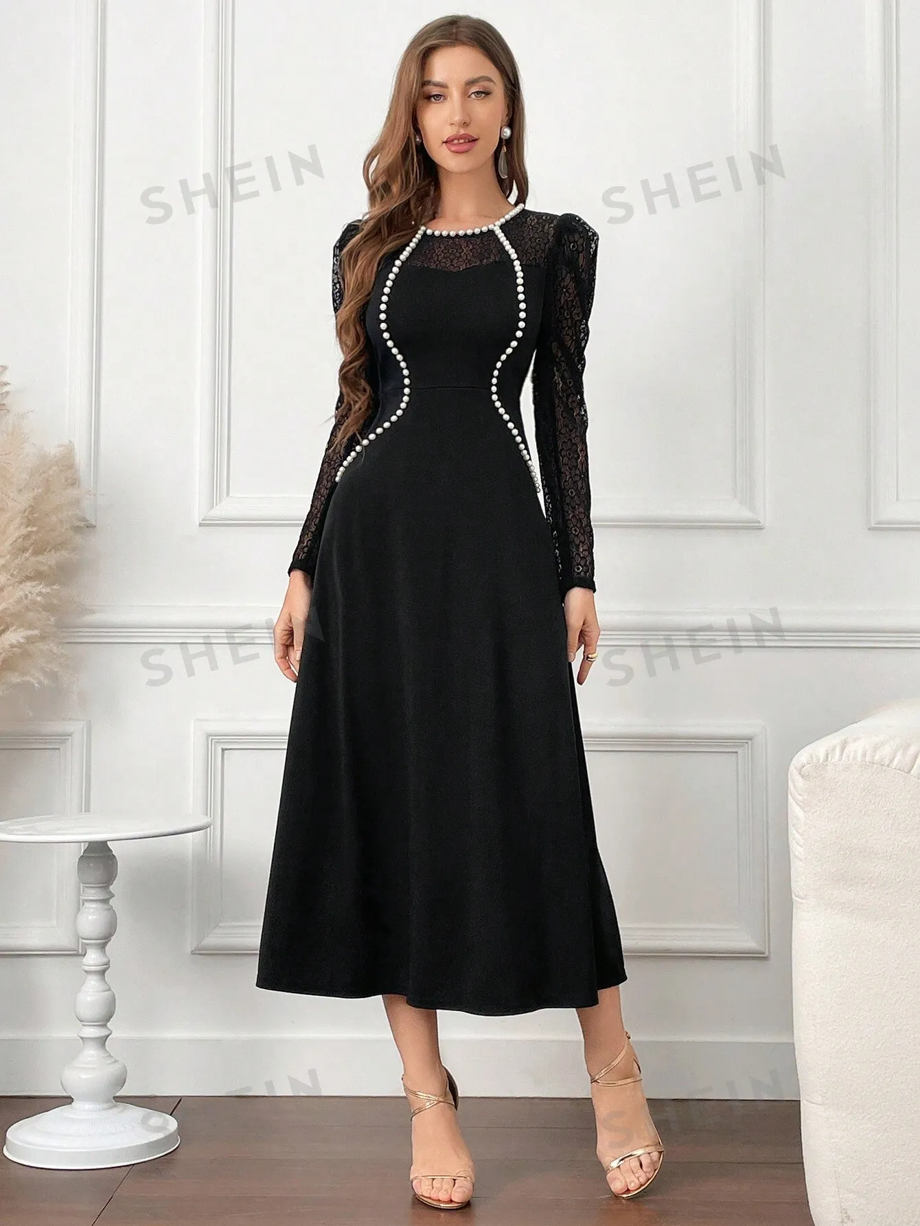 Modely Women Elegant Lace Patchwork Beaded Decor Fishtail Dress, Autumn