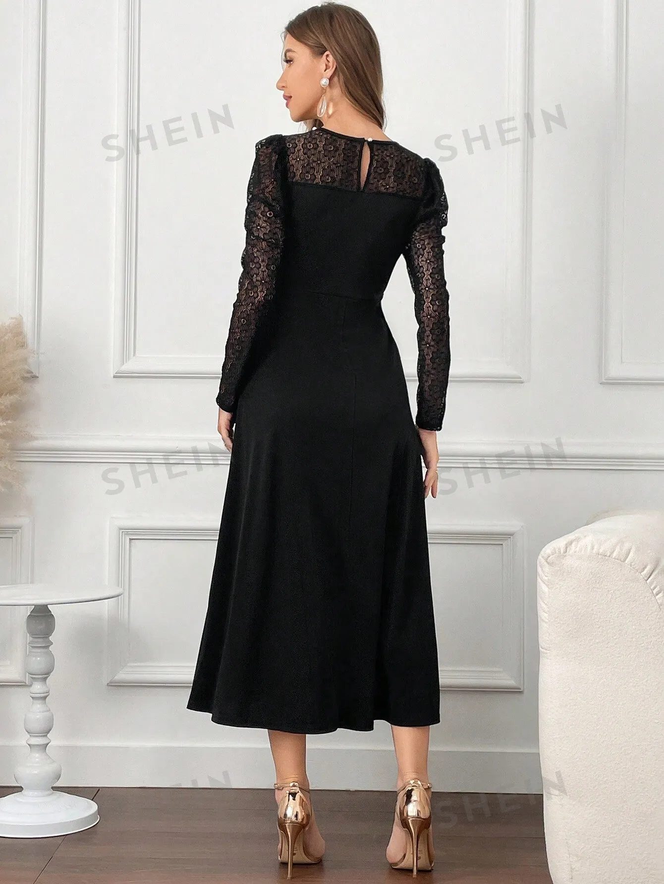 Modely Women Elegant Lace Patchwork Beaded Decor Fishtail Dress, Autumn