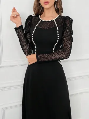 Modely Women Elegant Lace Patchwork Beaded Decor Fishtail Dress, Autumn