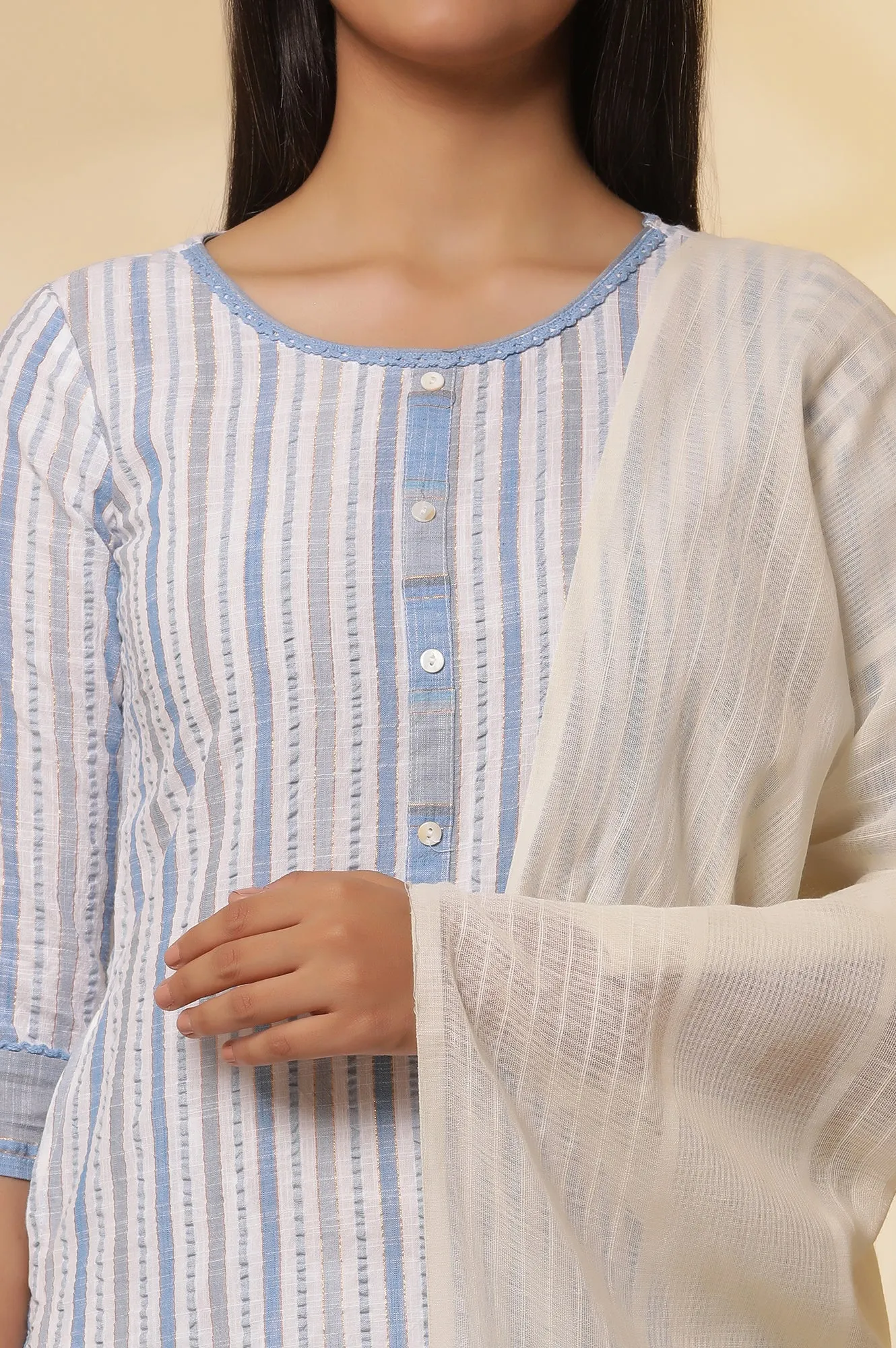 Multi coloured Striped Cotton Lurex Kurta with Pants Set