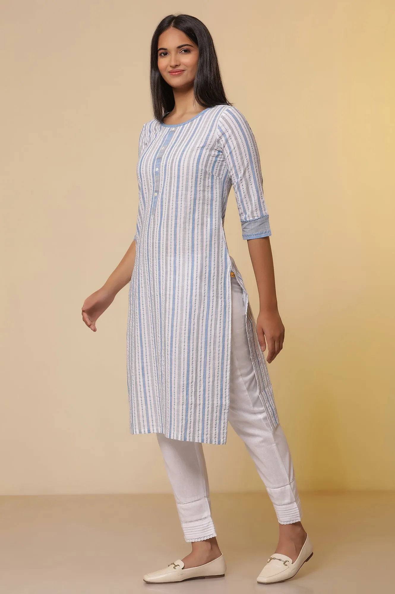 Multi coloured Striped Cotton Lurex Kurta with Pants Set