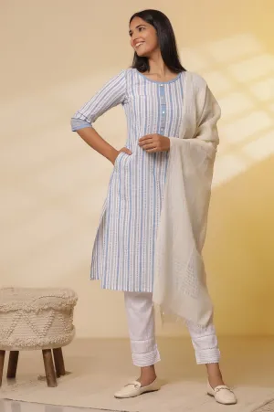 Multi coloured Striped Cotton Lurex Kurta with Pants Set