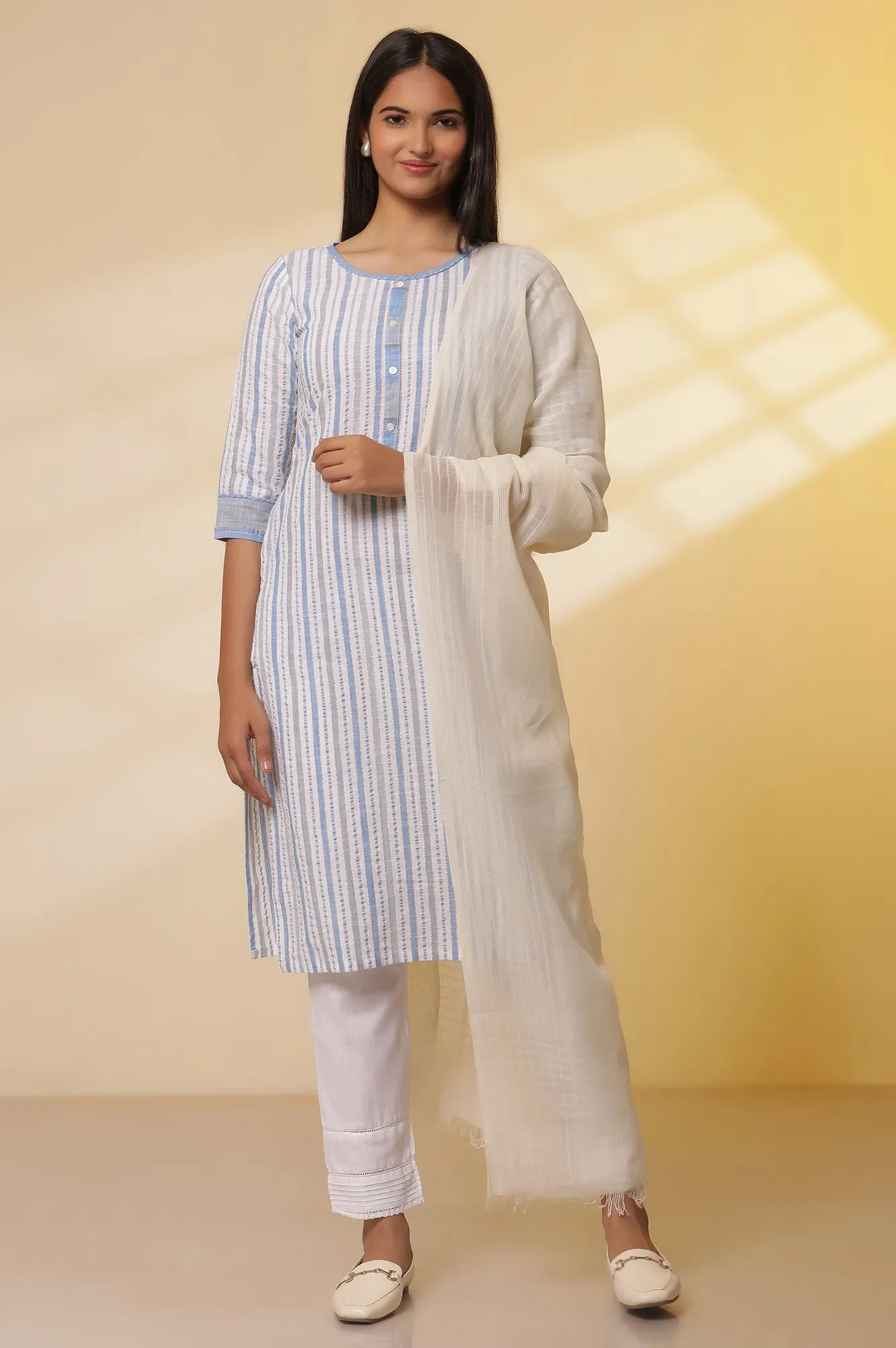 Multi coloured Striped Cotton Lurex Kurta with Pants Set