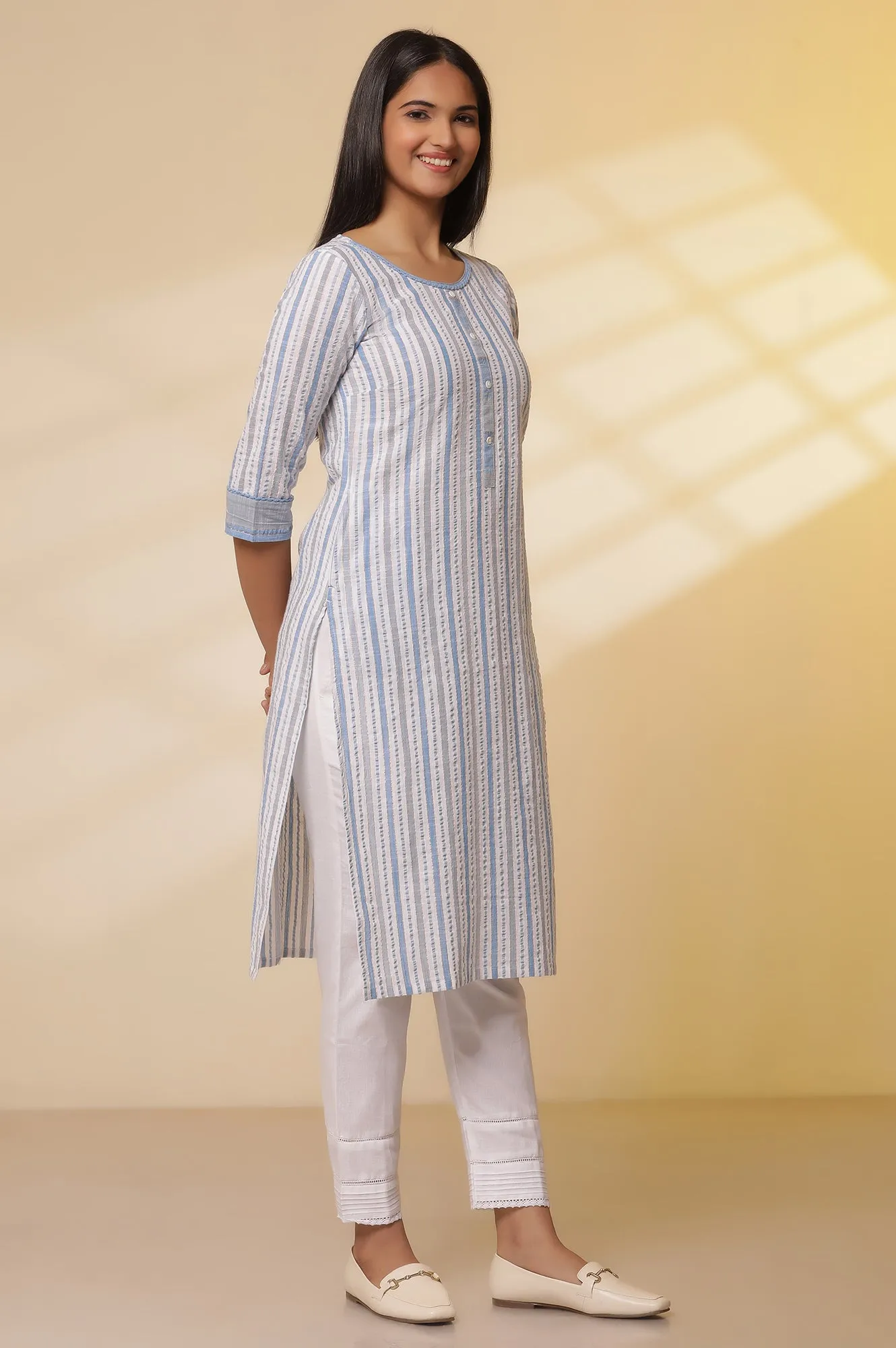 Multi coloured Striped Cotton Lurex Kurta with Pants Set