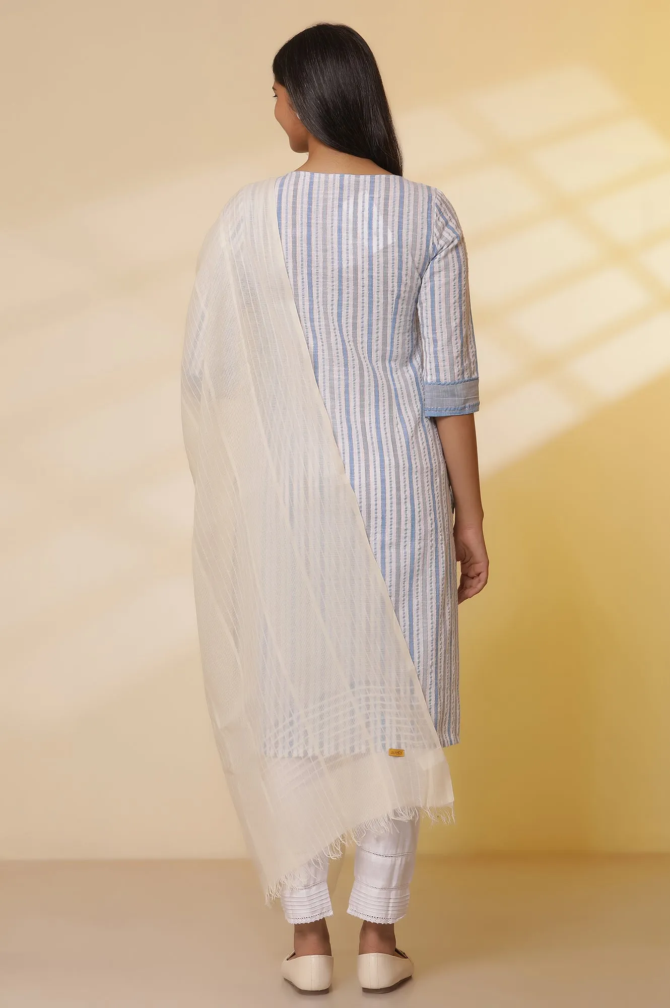 Multi coloured Striped Cotton Lurex Kurta with Pants Set