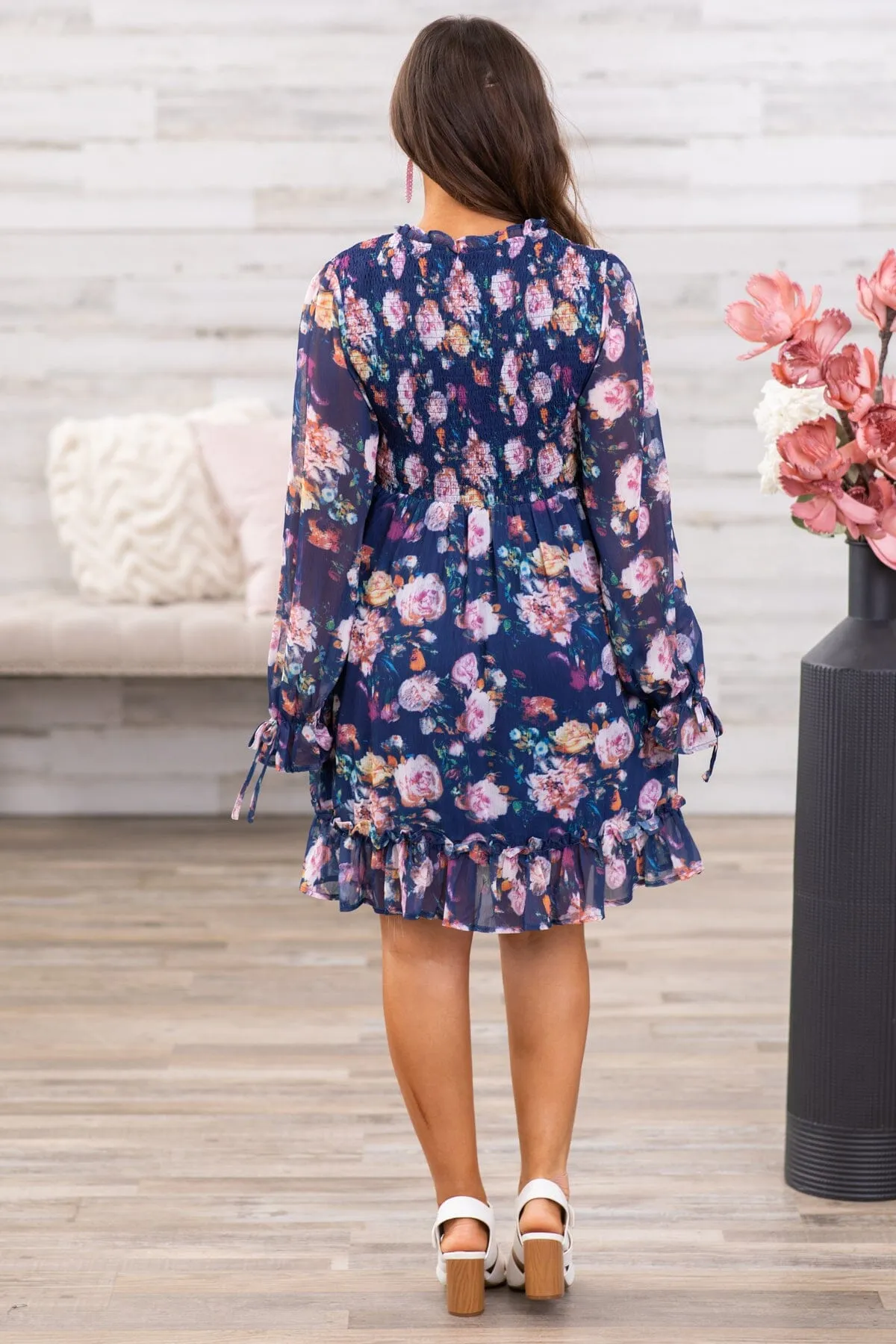 Navy and Pink Floral Long Sleeve Dress