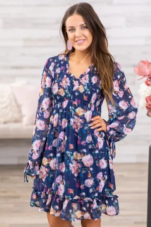 Navy and Pink Floral Long Sleeve Dress