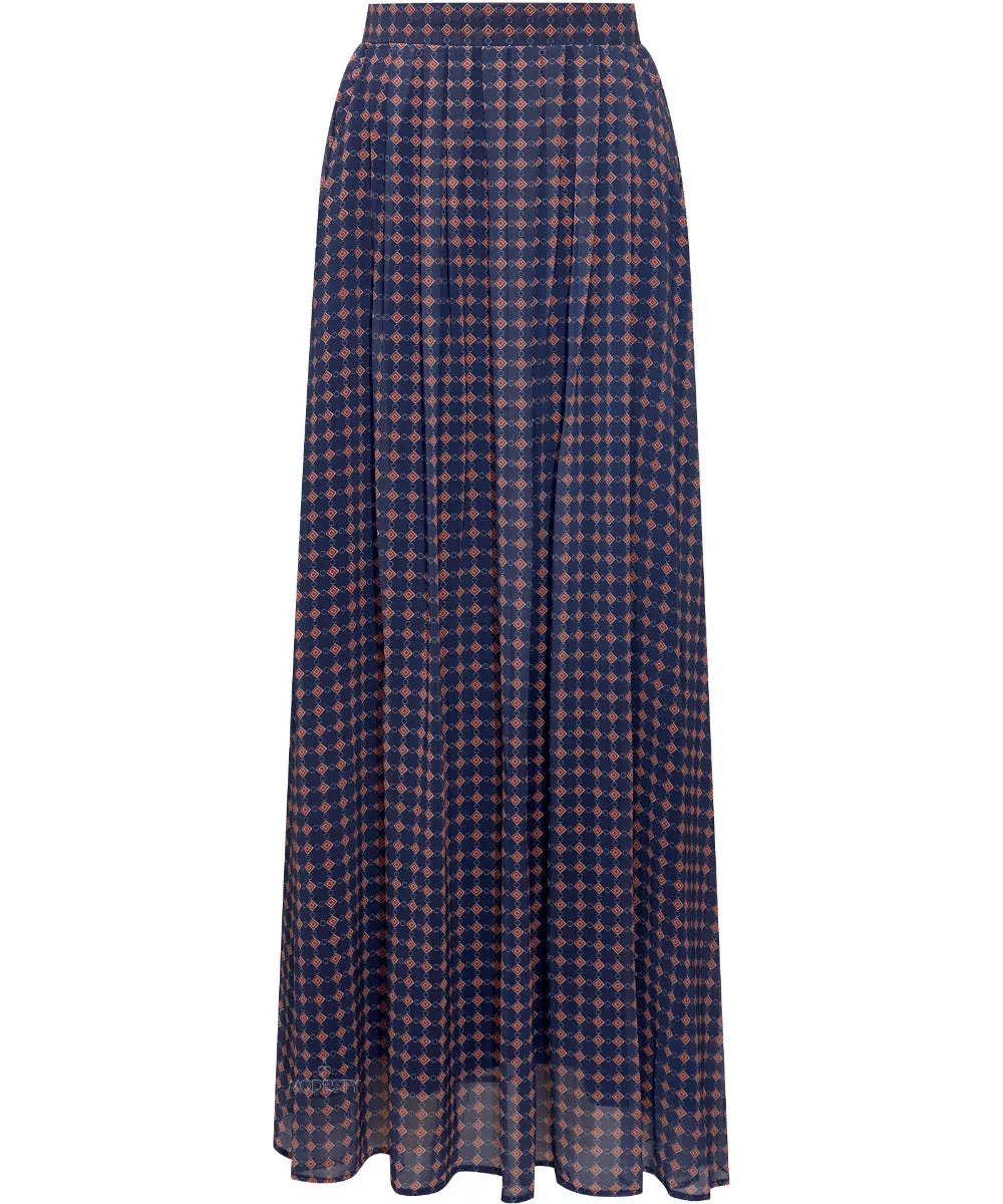 Navy Geometrical Print Pleated Maxi Chiffon Skirt