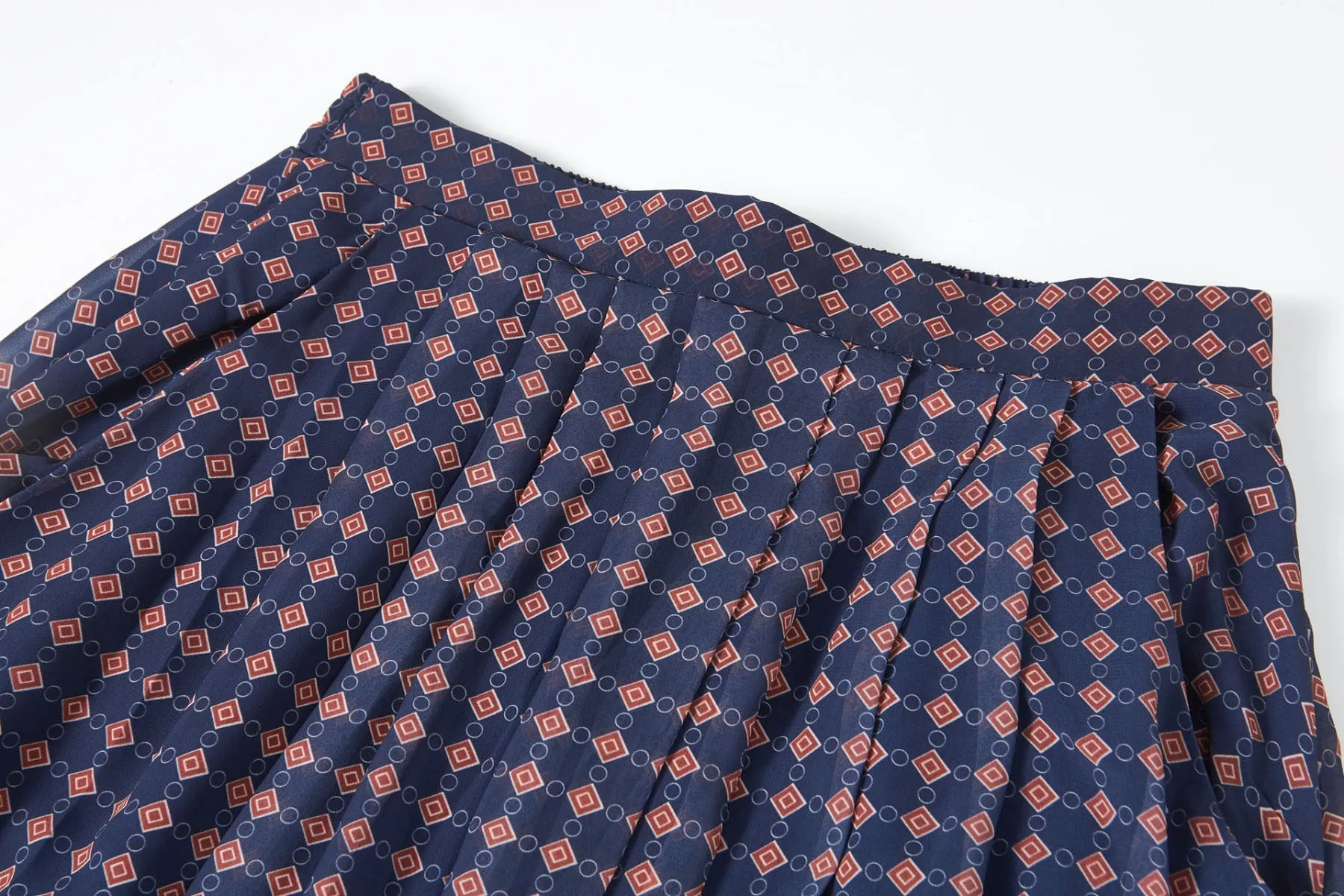 Navy Geometrical Print Pleated Maxi Chiffon Skirt