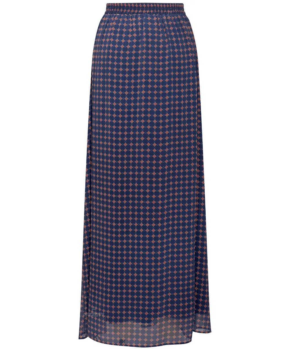 Navy Geometrical Print Pleated Maxi Chiffon Skirt