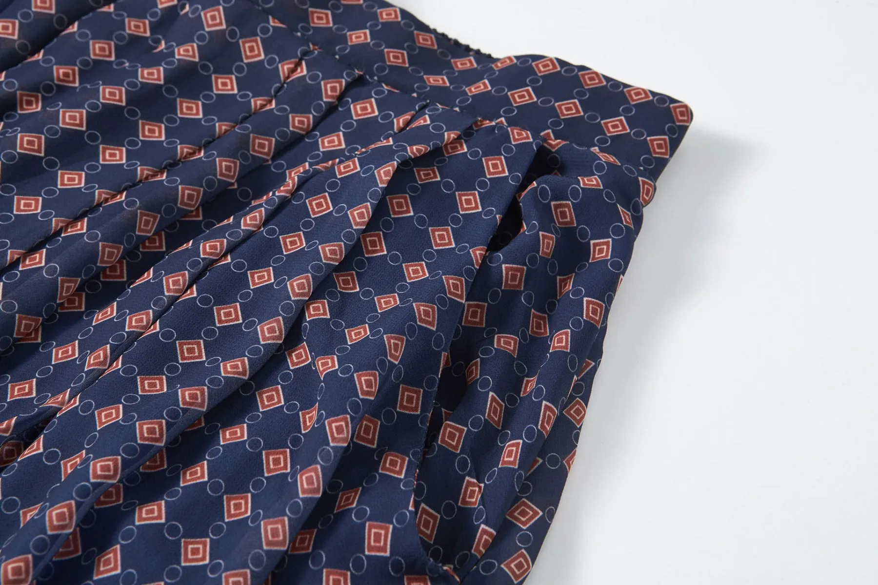 Navy Geometrical Print Pleated Maxi Chiffon Skirt