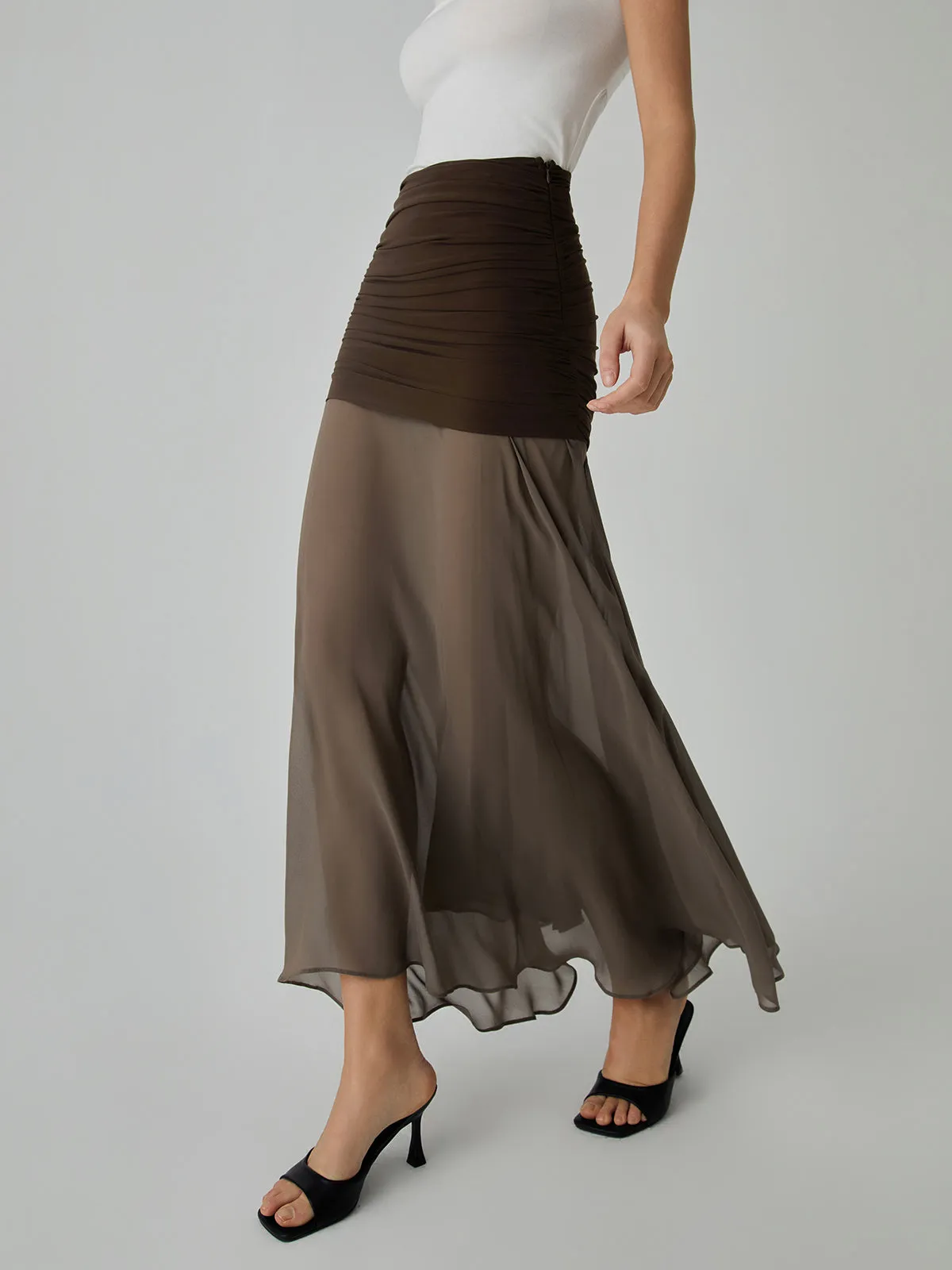 Net Chiffon Sheer Panel Maxi Skirt