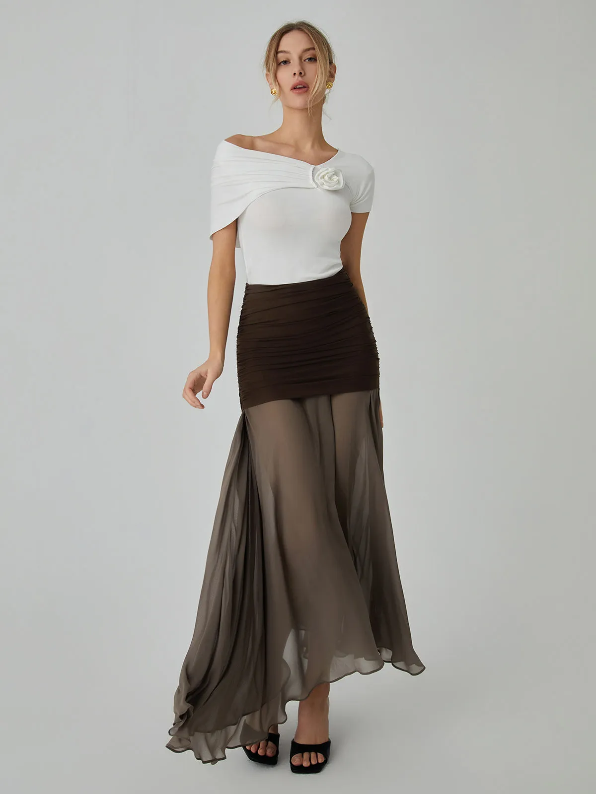 Net Chiffon Sheer Panel Maxi Skirt