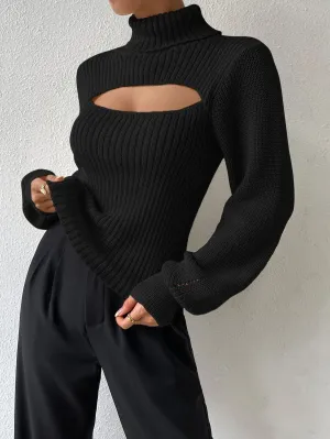 New Shein Turtleneck Cut Out Eyelet Detail Sweater, Black, Sz M!