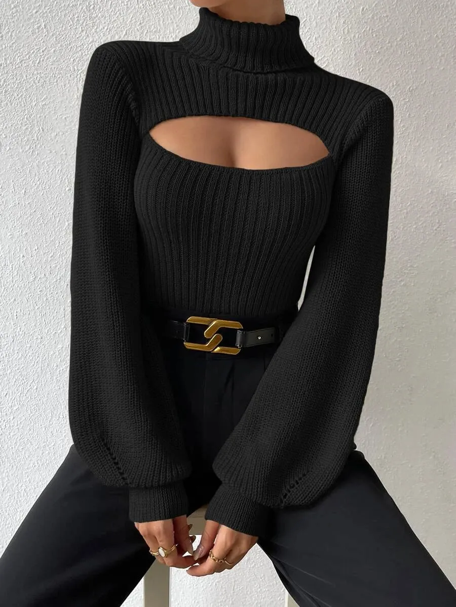 New Shein Turtleneck Cut Out Eyelet Detail Sweater, Black, Sz M!