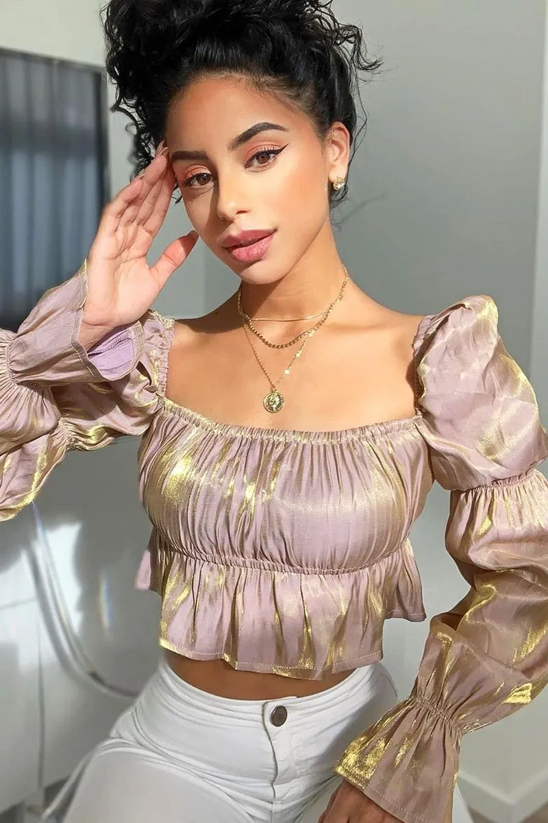 Nude Gold Metallic Square Neck Crop Top - Gabryelle