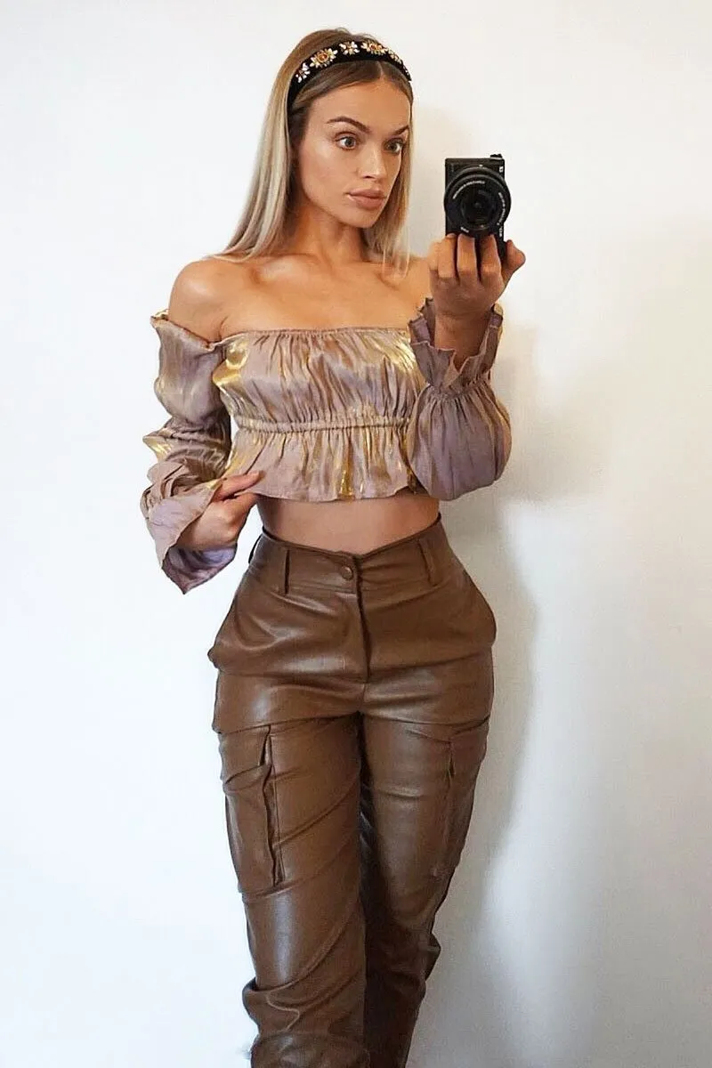 Nude Gold Metallic Square Neck Crop Top - Gabryelle