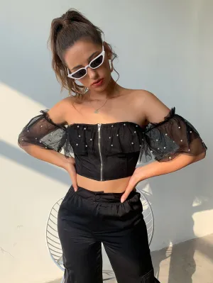 Off Shoulder Zip Up Pearls Mesh Crop Top