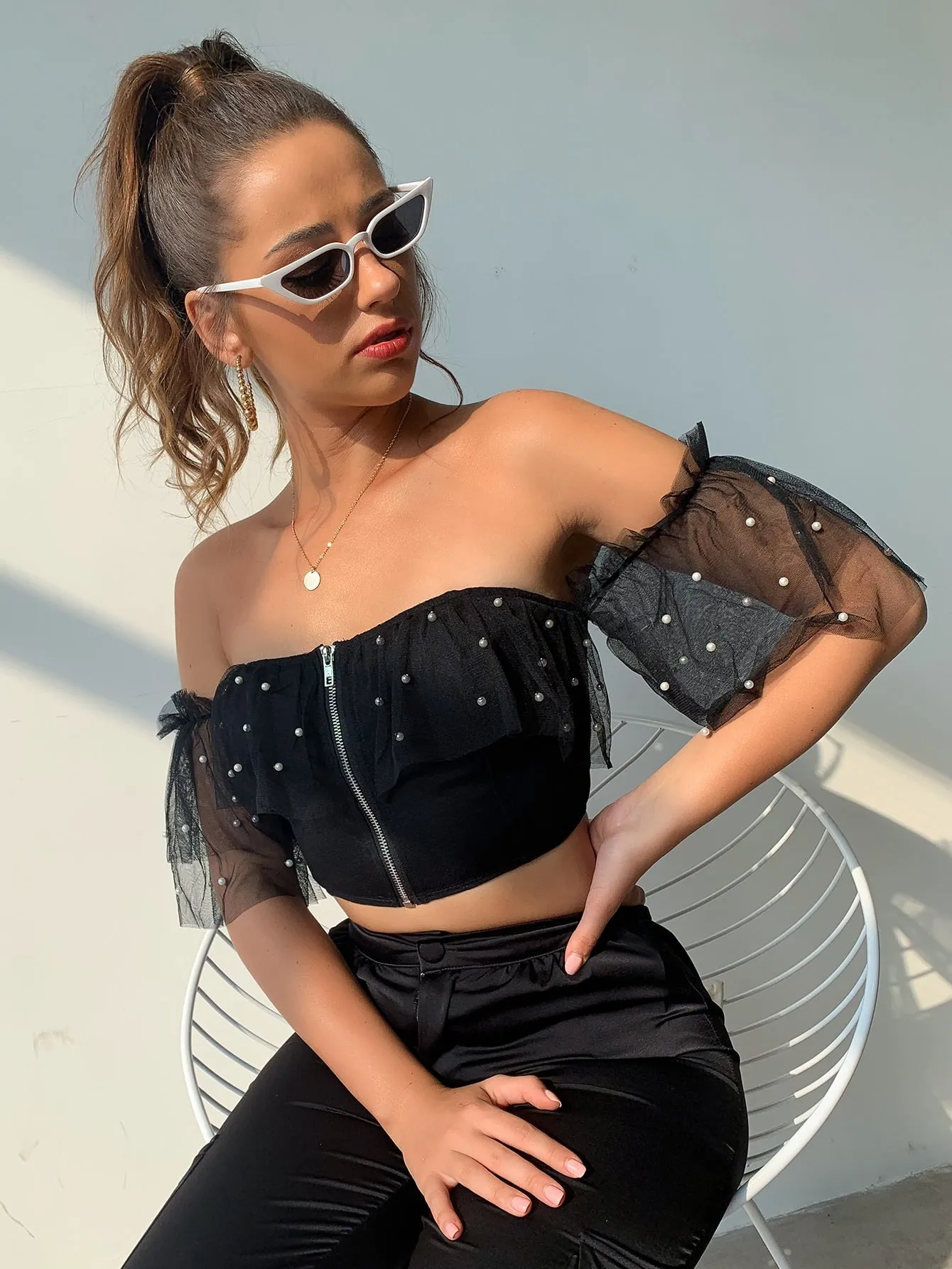 Off Shoulder Zip Up Pearls Mesh Crop Top
