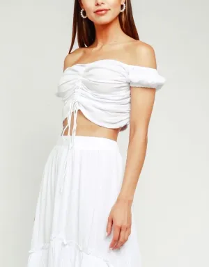 Off The Shoulder Ruched Front Tie Crop Top