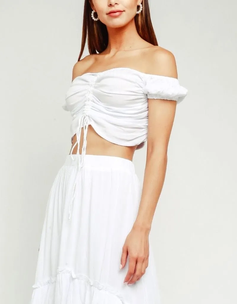 Off The Shoulder Ruched Front Tie Crop Top