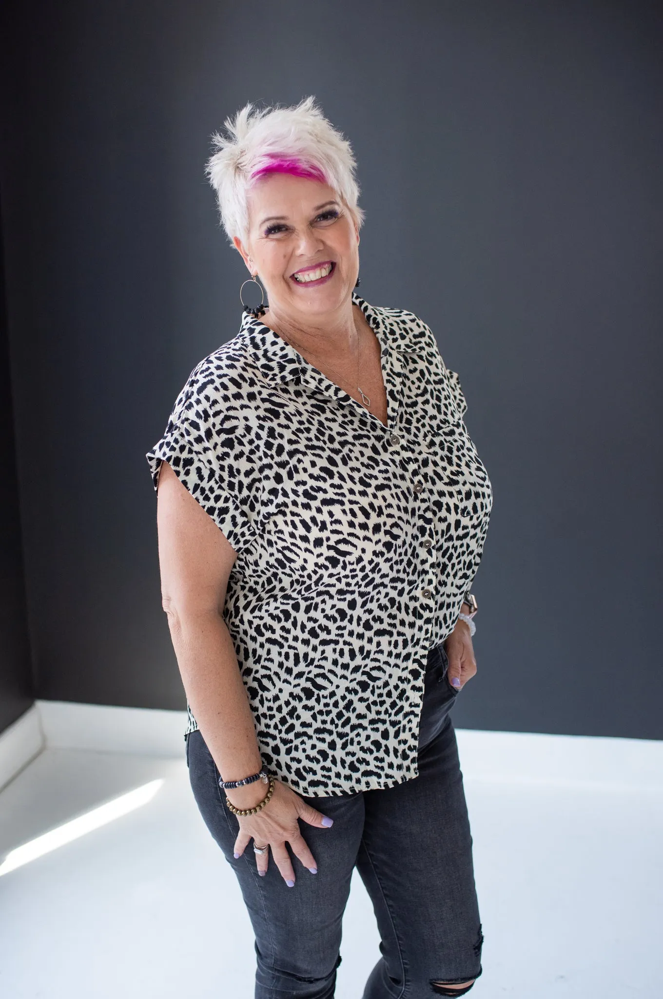 Off White Animal Print Collared Top with Front Pocket