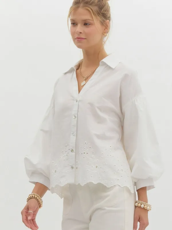 Off White Eyelet Button Up