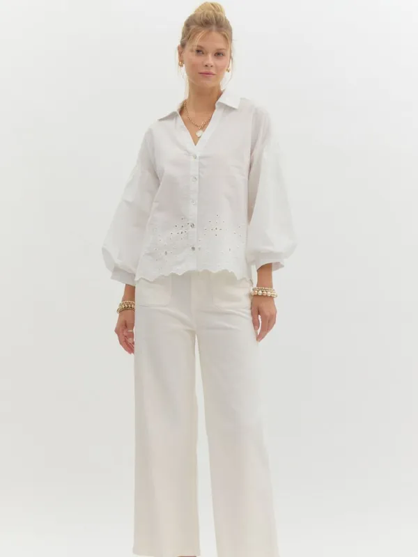 Off White Eyelet Button Up
