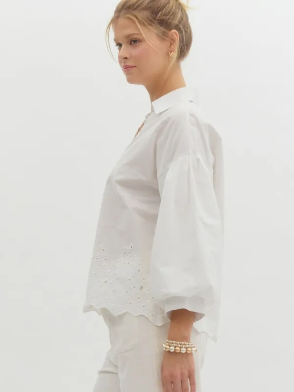 Off White Eyelet Button Up