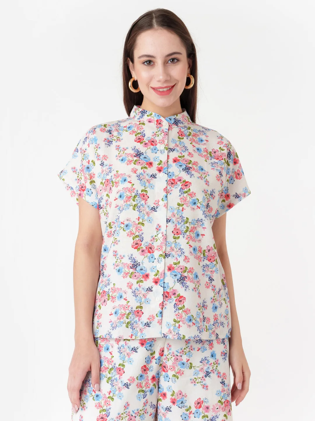 Off White Printed Buttoned Top