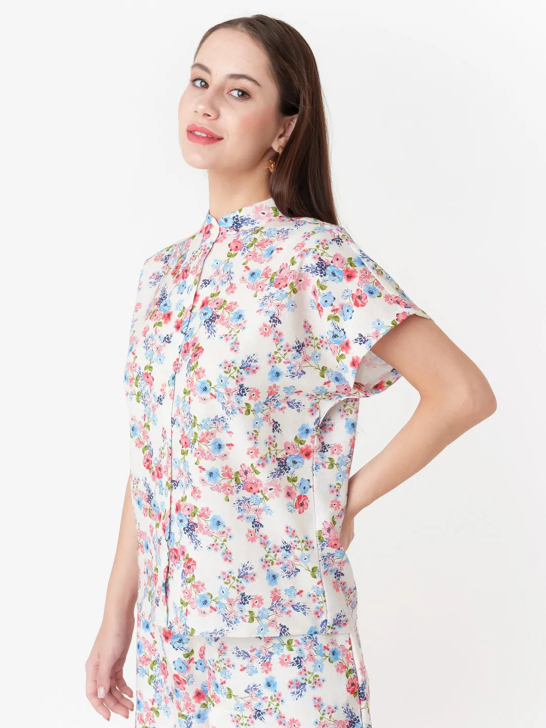 Off White Printed Buttoned Top