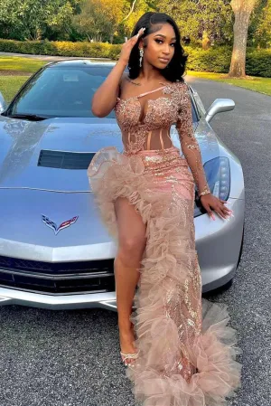 One shoulder Long sleeves Ruffles High Split Pink Prom Dresses