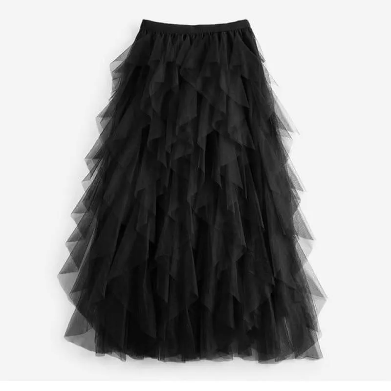 One Size Asymmetrical Mesh High Waist Ankle Length Skirts