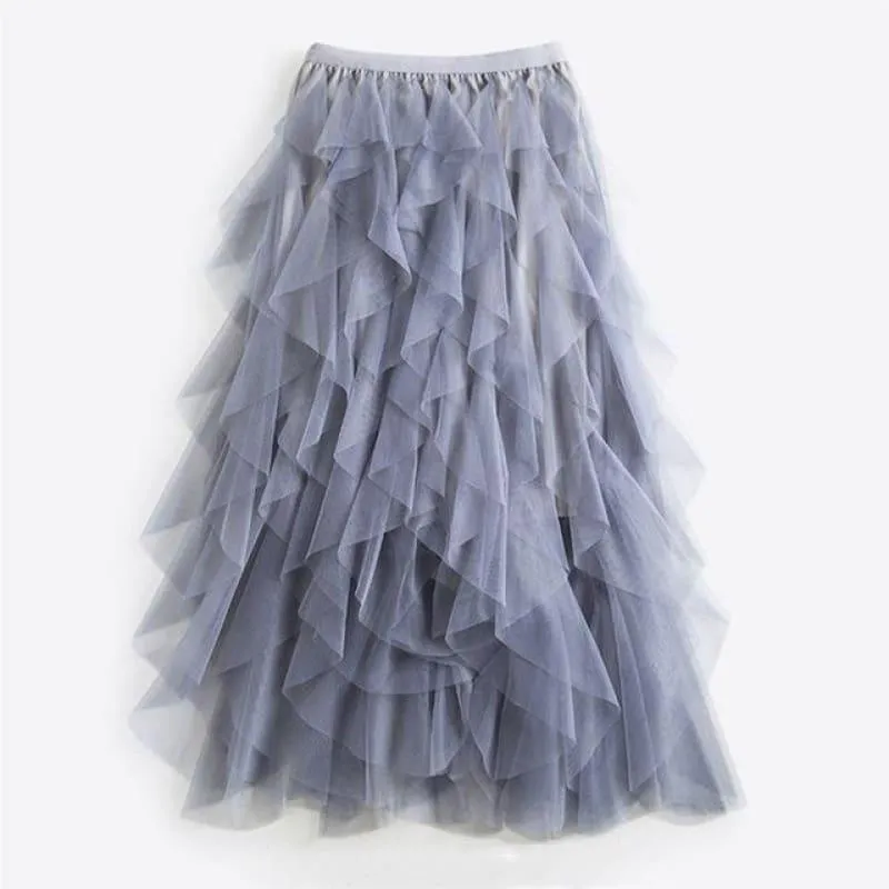 One Size Asymmetrical Mesh High Waist Ankle Length Skirts