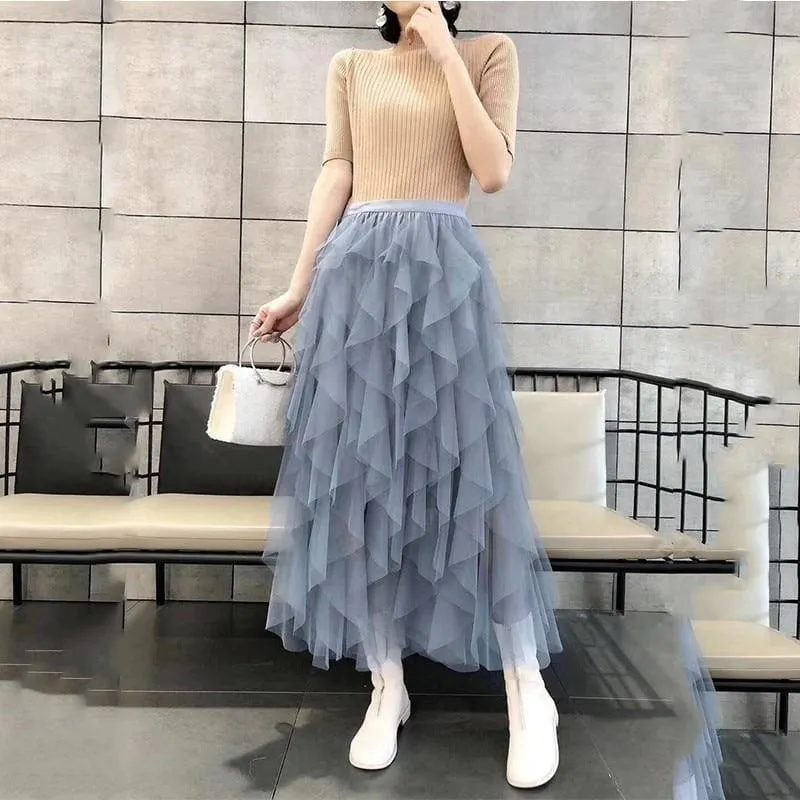 One Size Asymmetrical Mesh High Waist Ankle Length Skirts