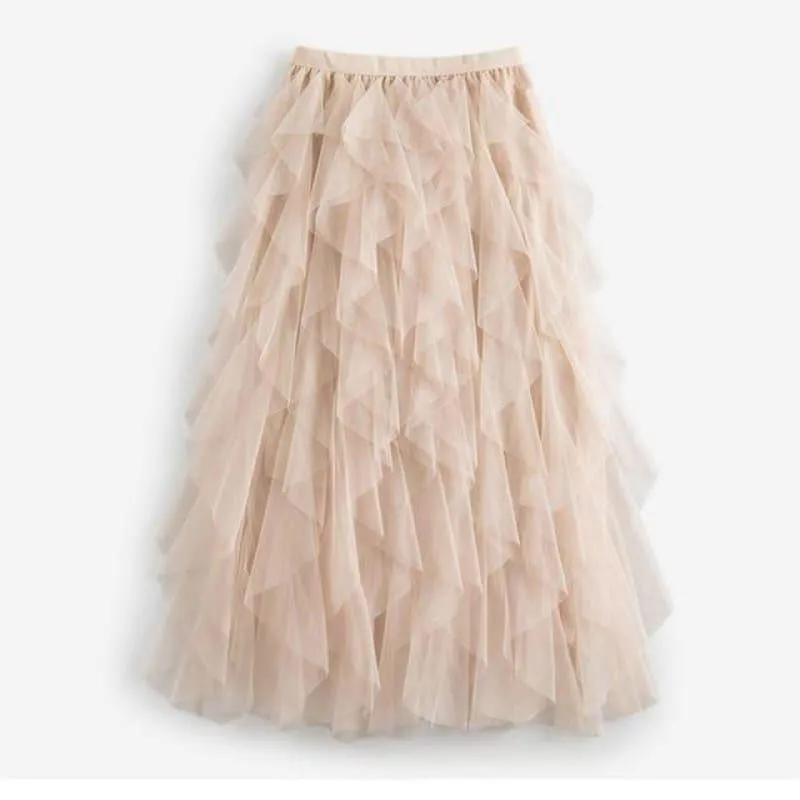 One Size Asymmetrical Mesh High Waist Ankle Length Skirts
