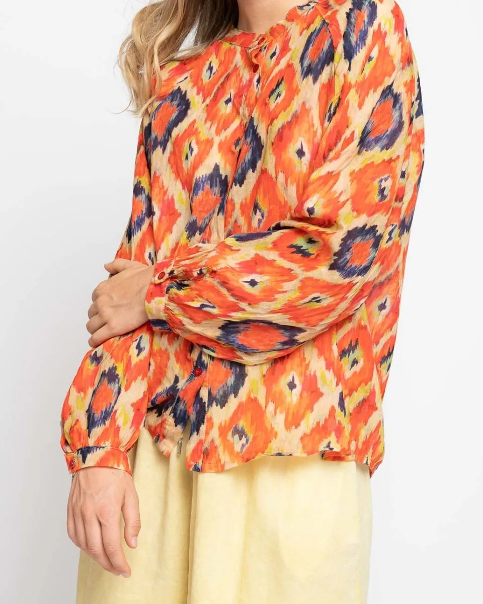 Painterly Diamond Button-Up Band Collar Shirt