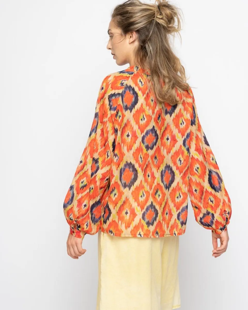 Painterly Diamond Button-Up Band Collar Shirt
