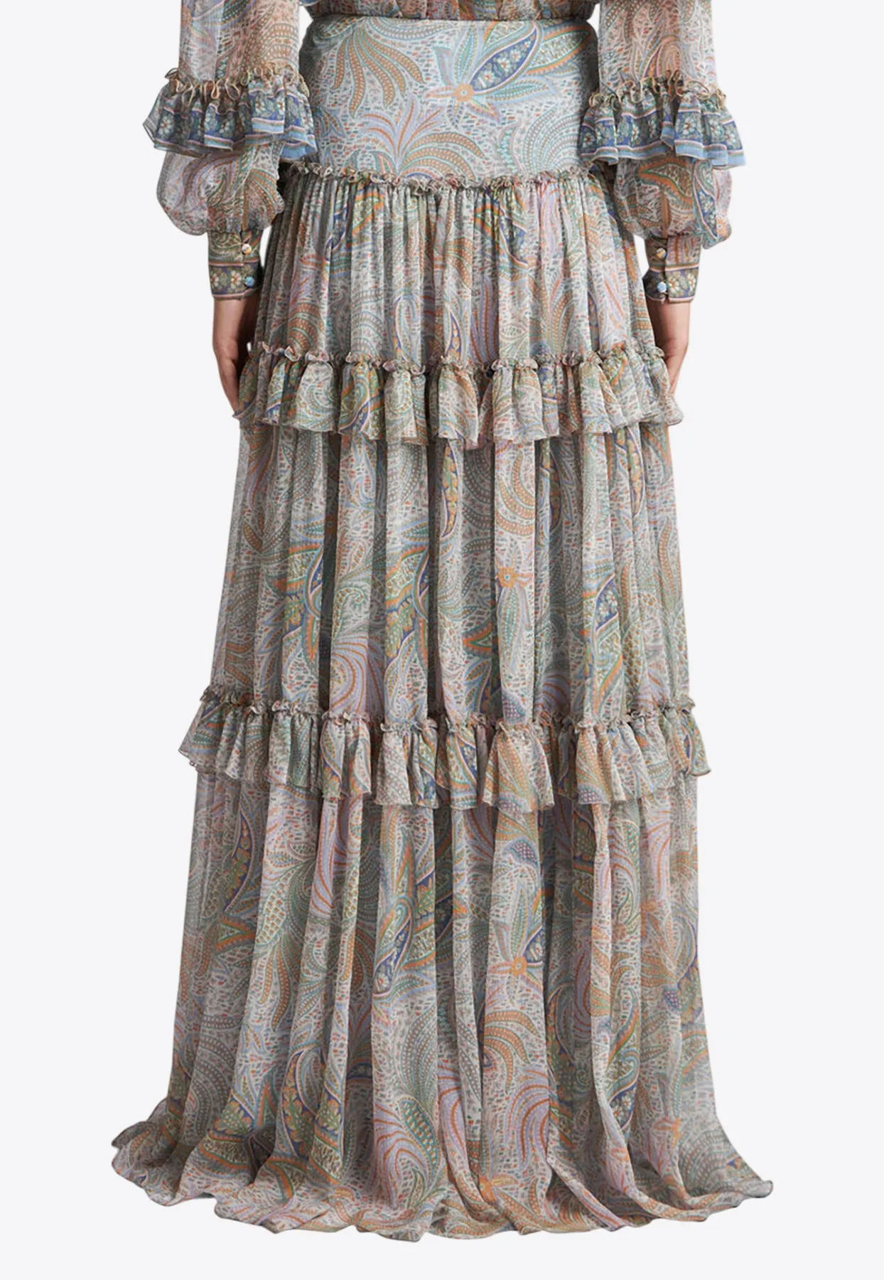 Paisley Print Ruffled Maxi Skirt