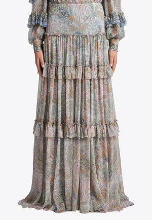Paisley Print Ruffled Maxi Skirt
