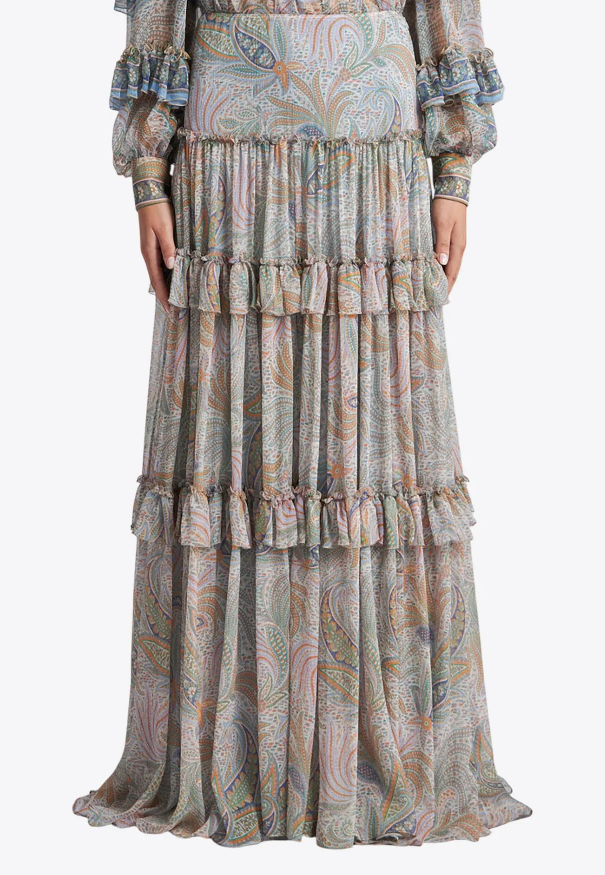 Paisley Print Ruffled Maxi Skirt